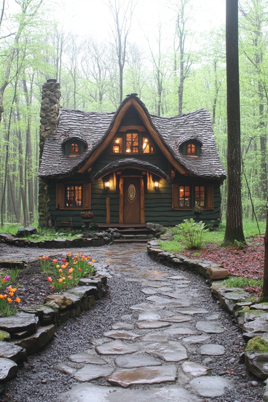 Charming forest cottage with a curved roof and stone chimney