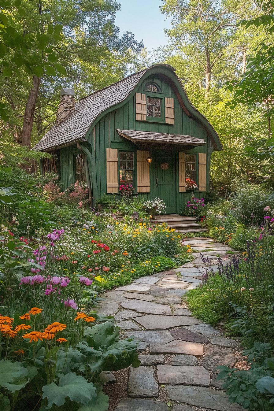 Quaint green cottage nestled in a lush garden