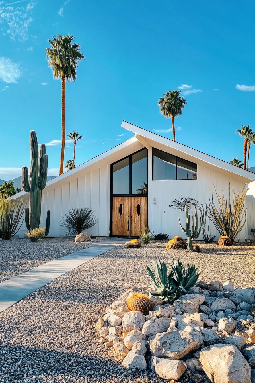 Mid-century modern house with angular roof and desert landscaping