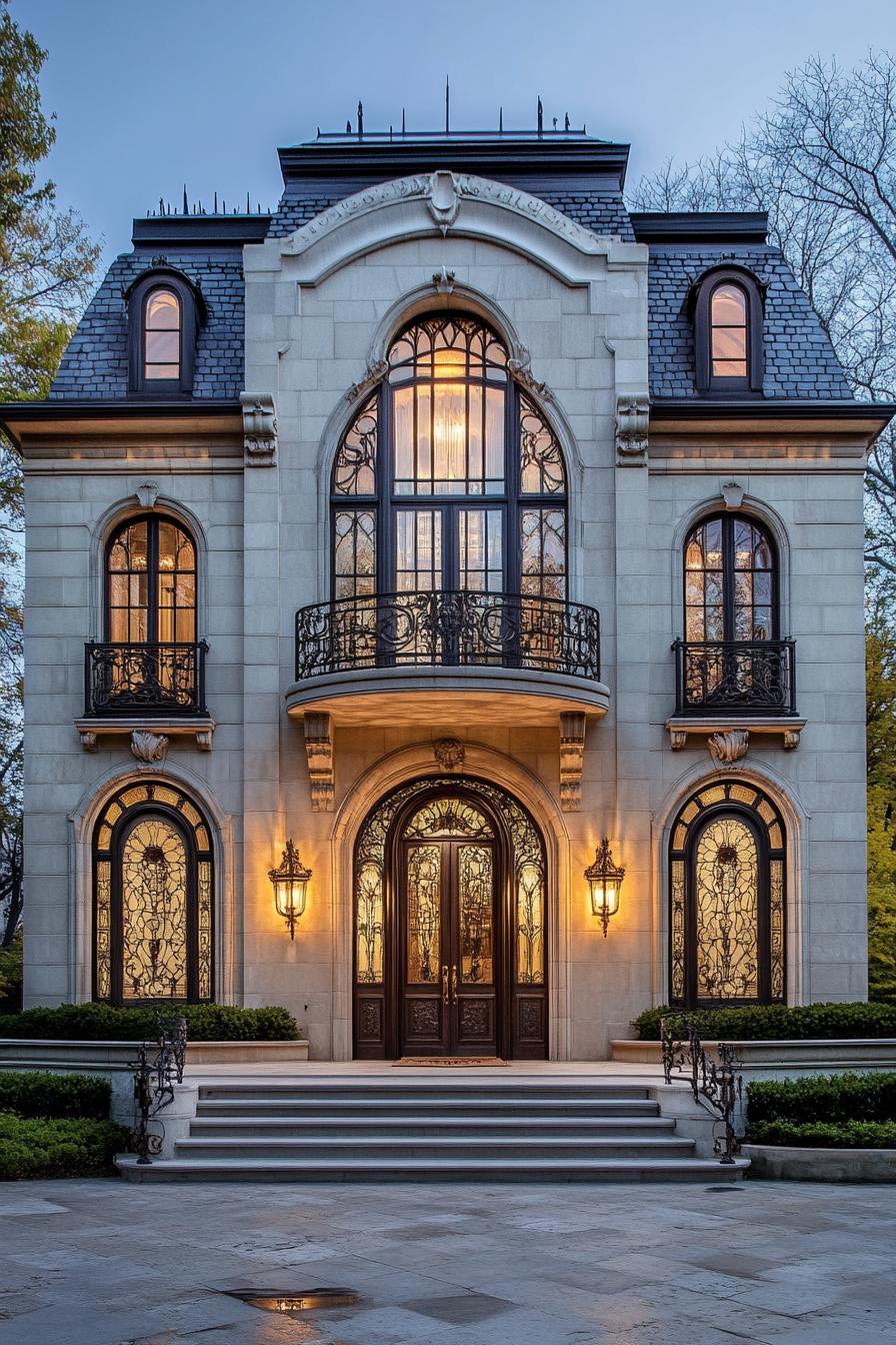 Elegant stone mansion with intricate ironwork