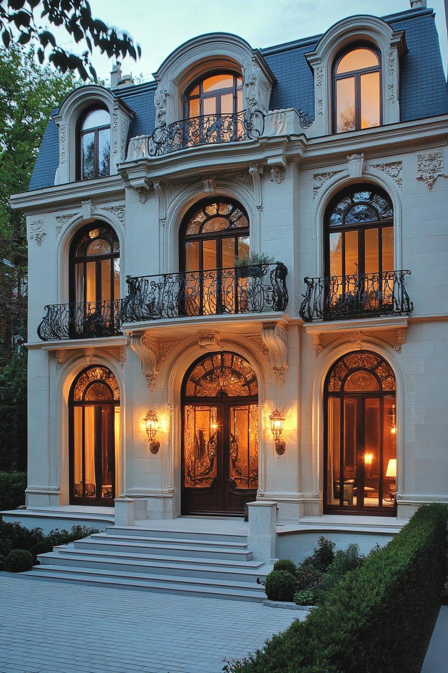 Elegant mansion with illuminated arched windows and decorative wrought iron