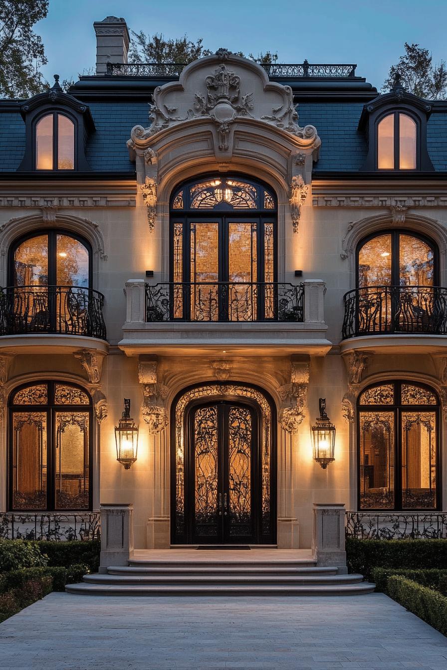 Elegant facade with ornate ironwork and soft lighting