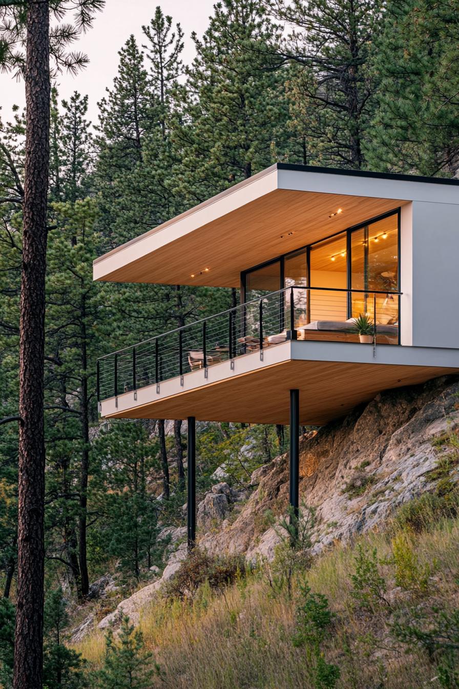 Modern hillside house with large windows and balcony