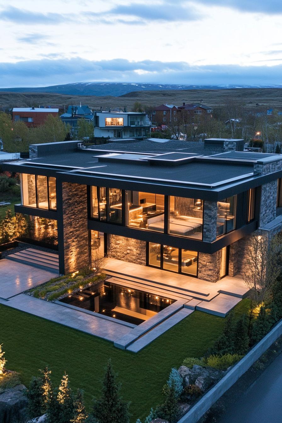 Modern house with large windows and stone accents