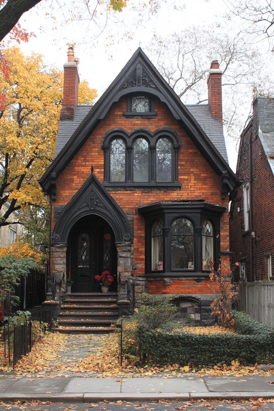 Charming red brick house with gothic-style windows and decorative arches