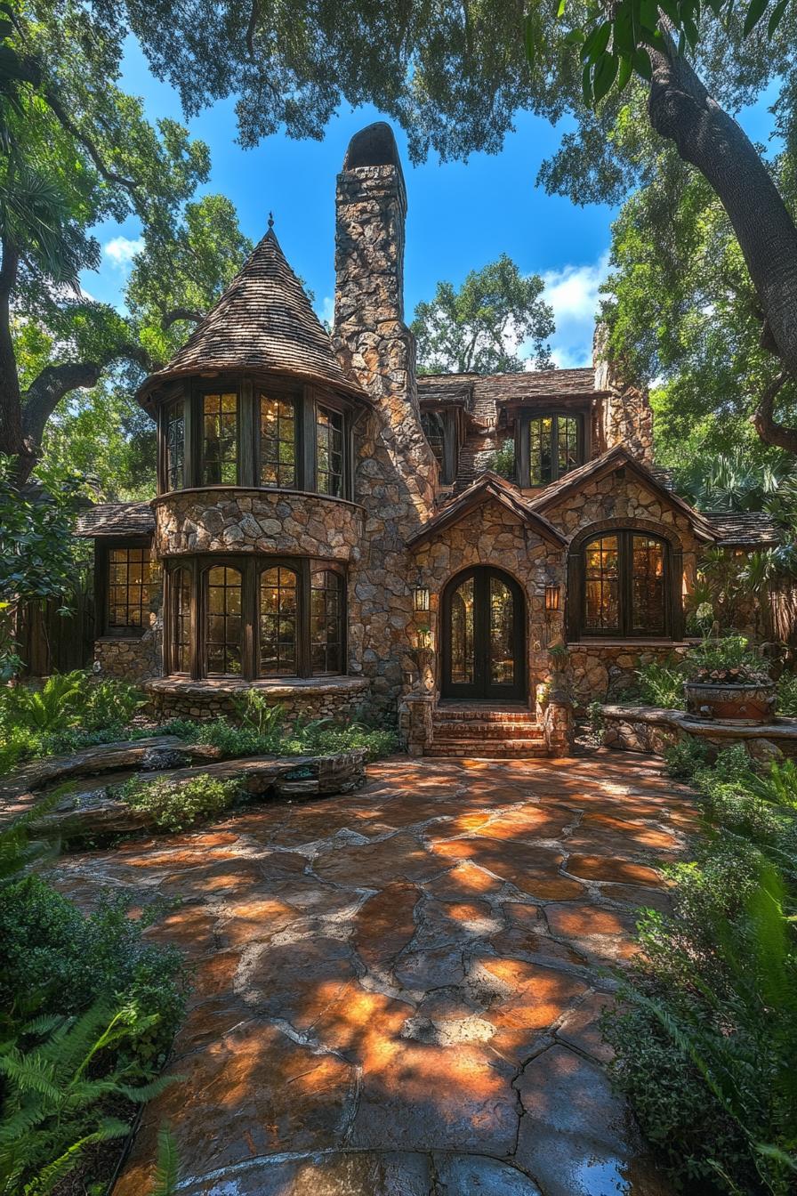 A stone house amid lush woods, with a conical turret