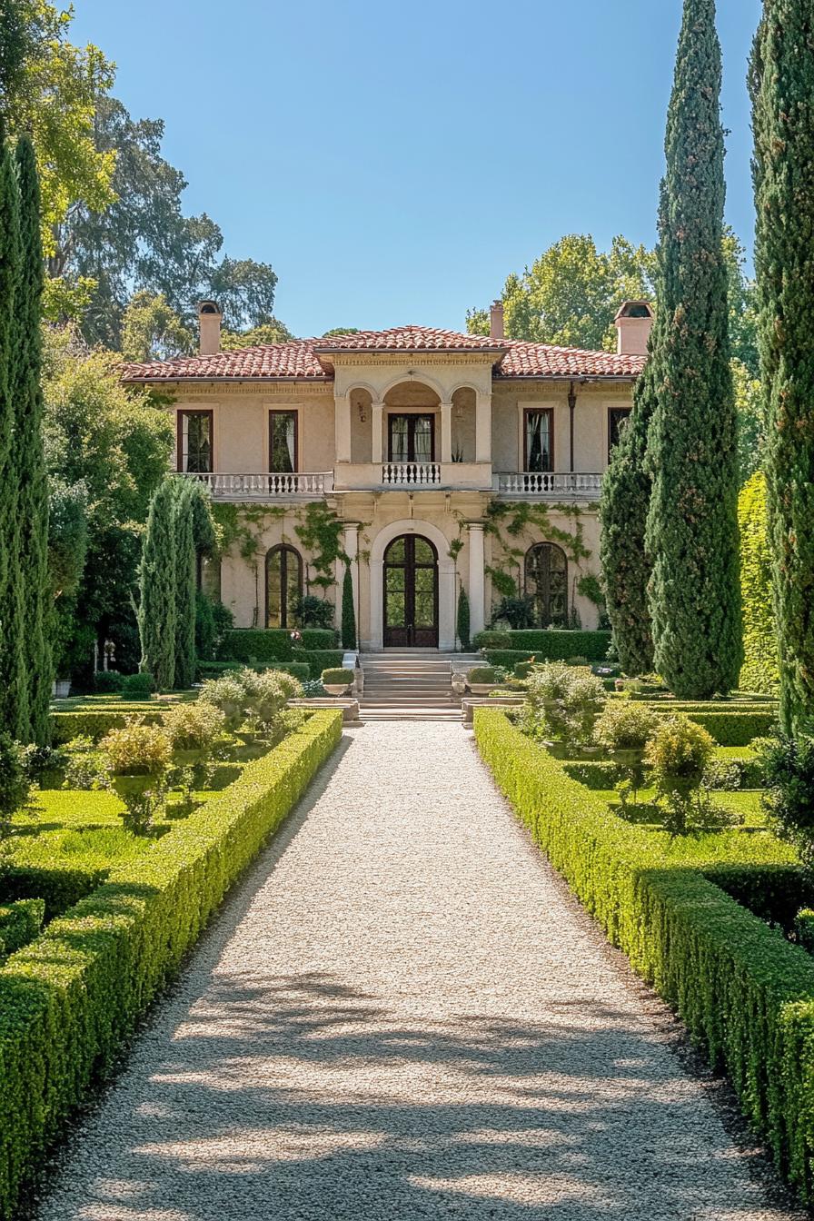 Grand mansion with manicured hedges and pathway