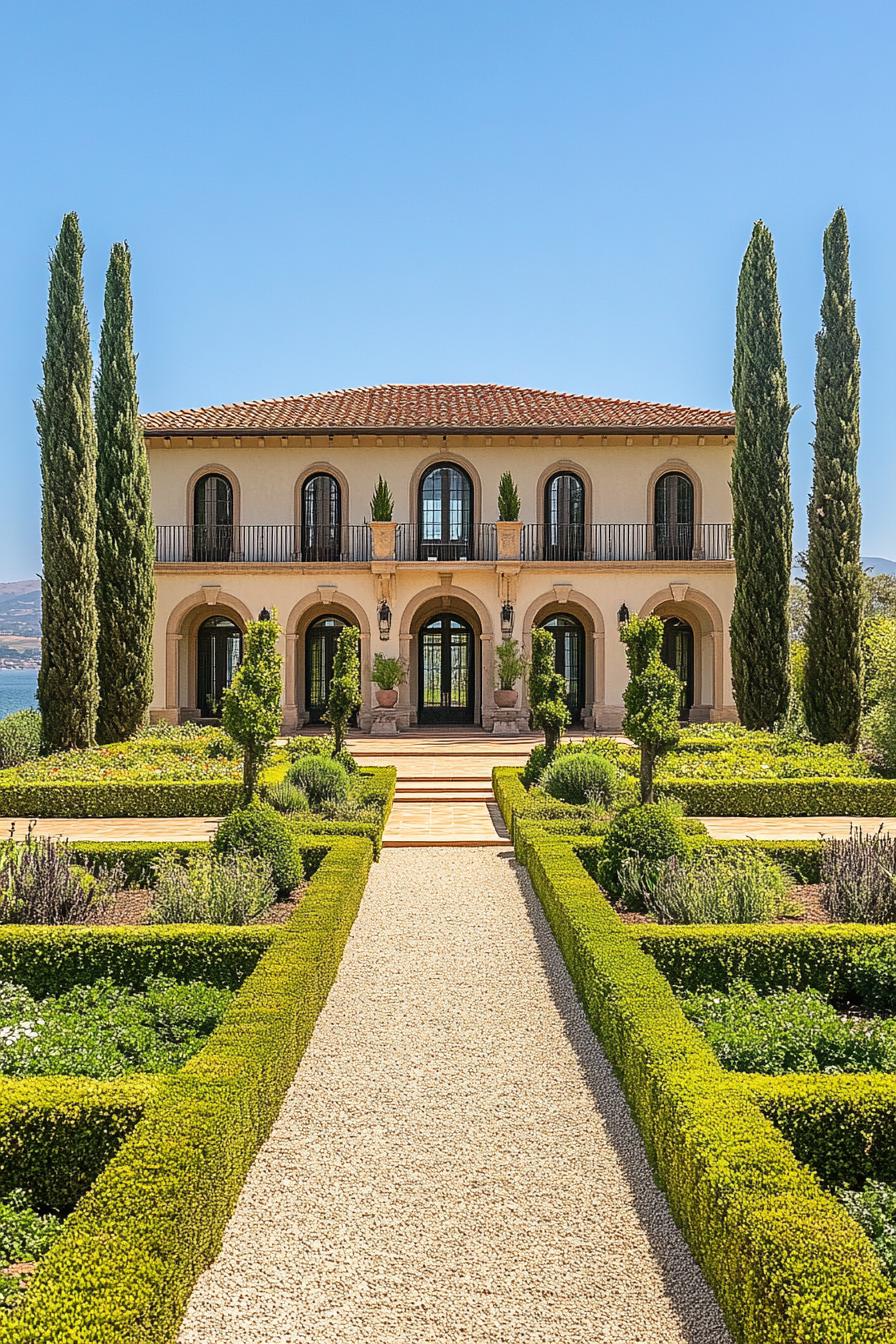 Pathway leading to an elegant mansion with symmetrical gardens