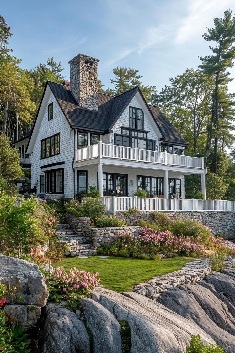 Two-story white house with stone accents and a lush garden