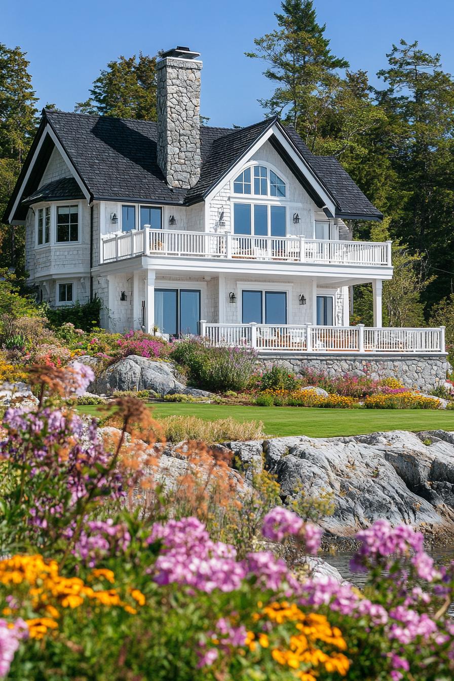 Cozy house surrounded by lush gardens and rocky terrain