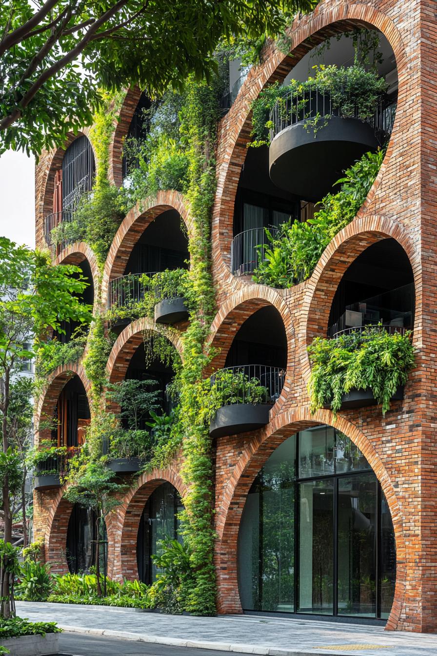 Eco-friendly building with arched brick façade and lush greenery