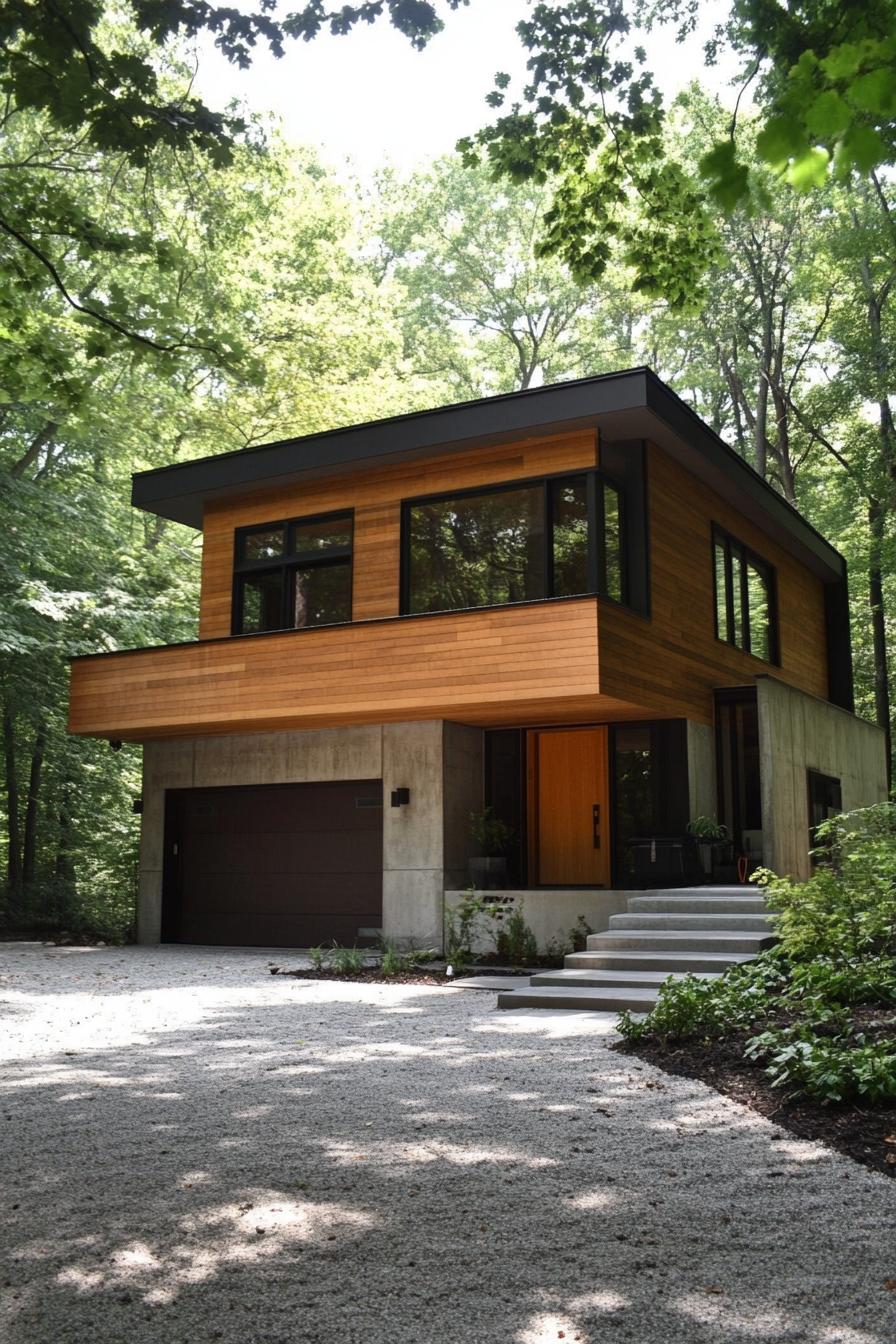 Modern house with wooden facade surrounded by trees