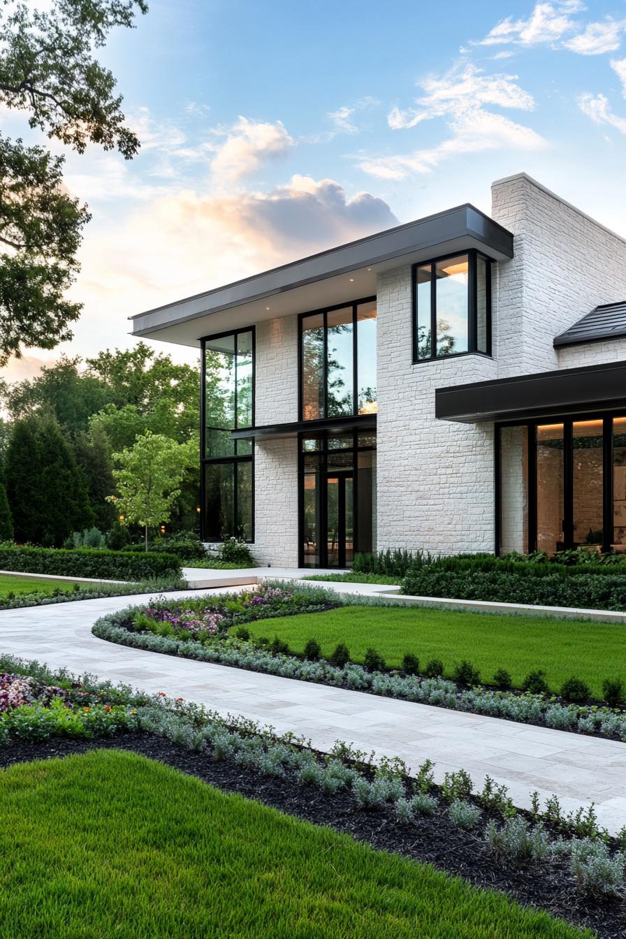 Modern house with large windows and well-manicured lawn