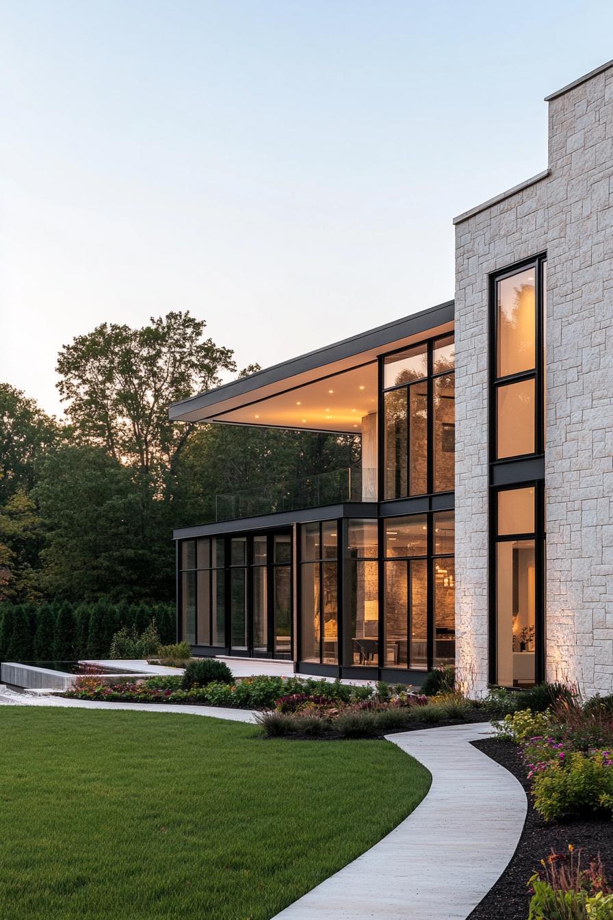 Modern house with large glass windows and stone facade surrounded by lush greenery