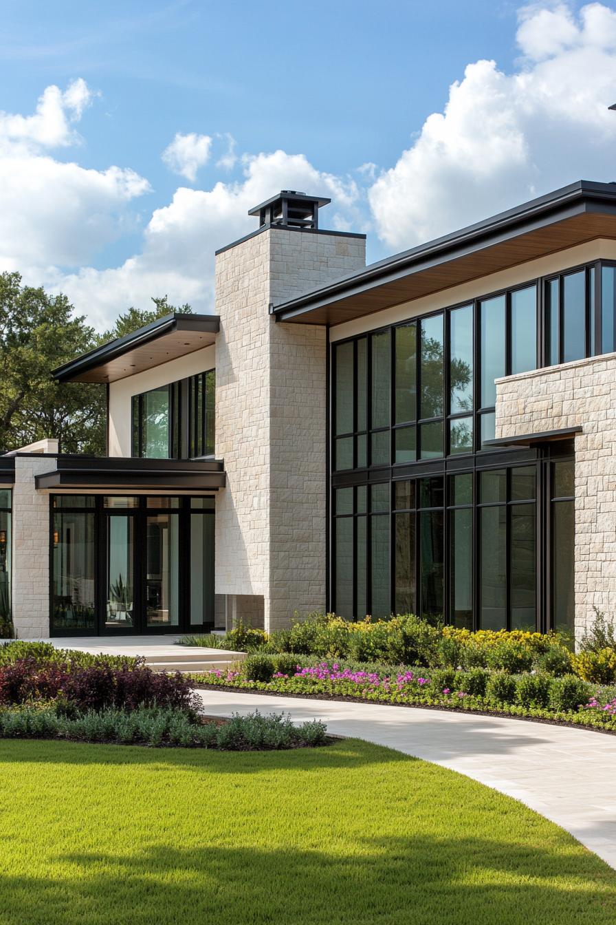 Modern house with large windows and stone exterior