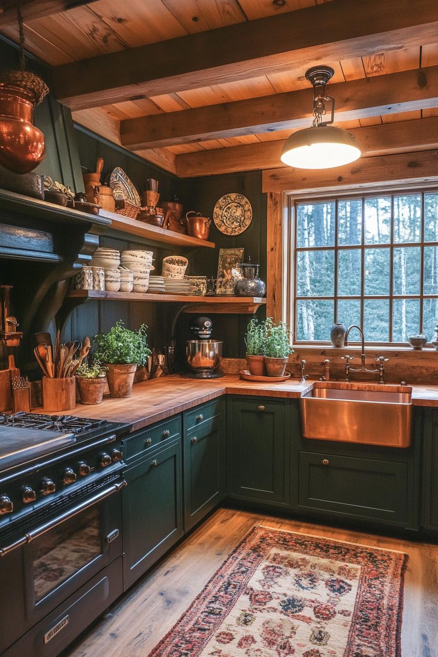 Cozy kitchen with green cabinets and copper accents