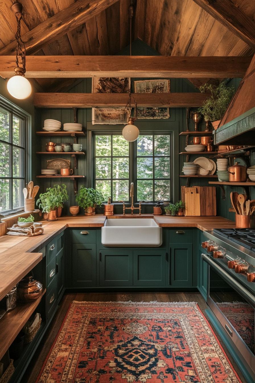 Rustic kitchen with copper pots and green cabinets