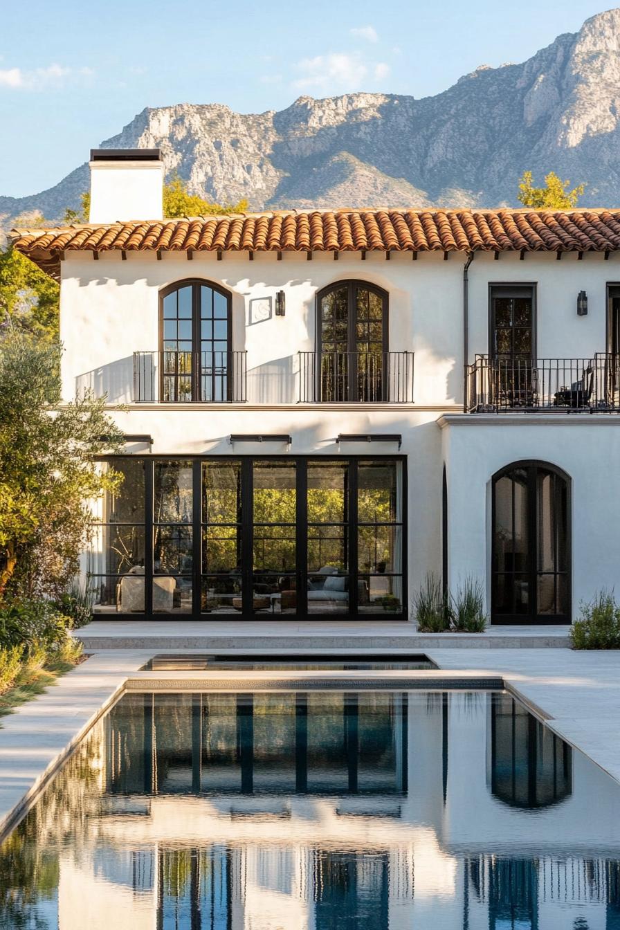 Elegant villa with a tiled roof, large windows, and a pool