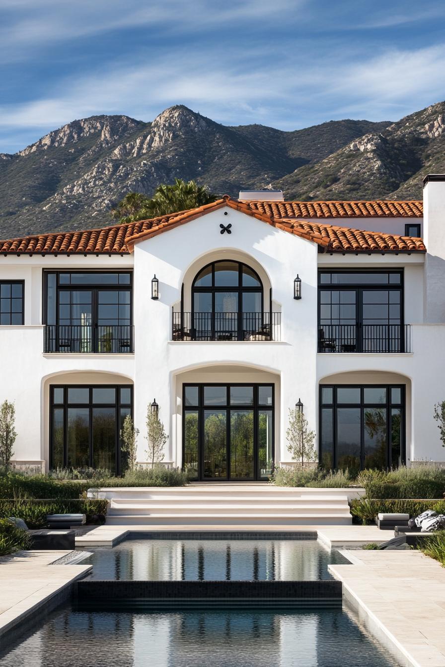 Elegant villa with terracotta roof and mountainous backdrop