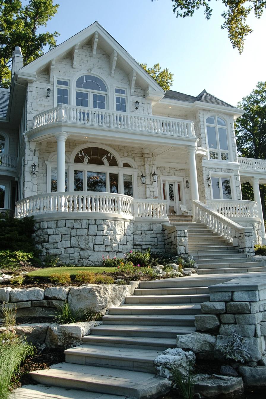 Elegant white stone mansion with grand staircase