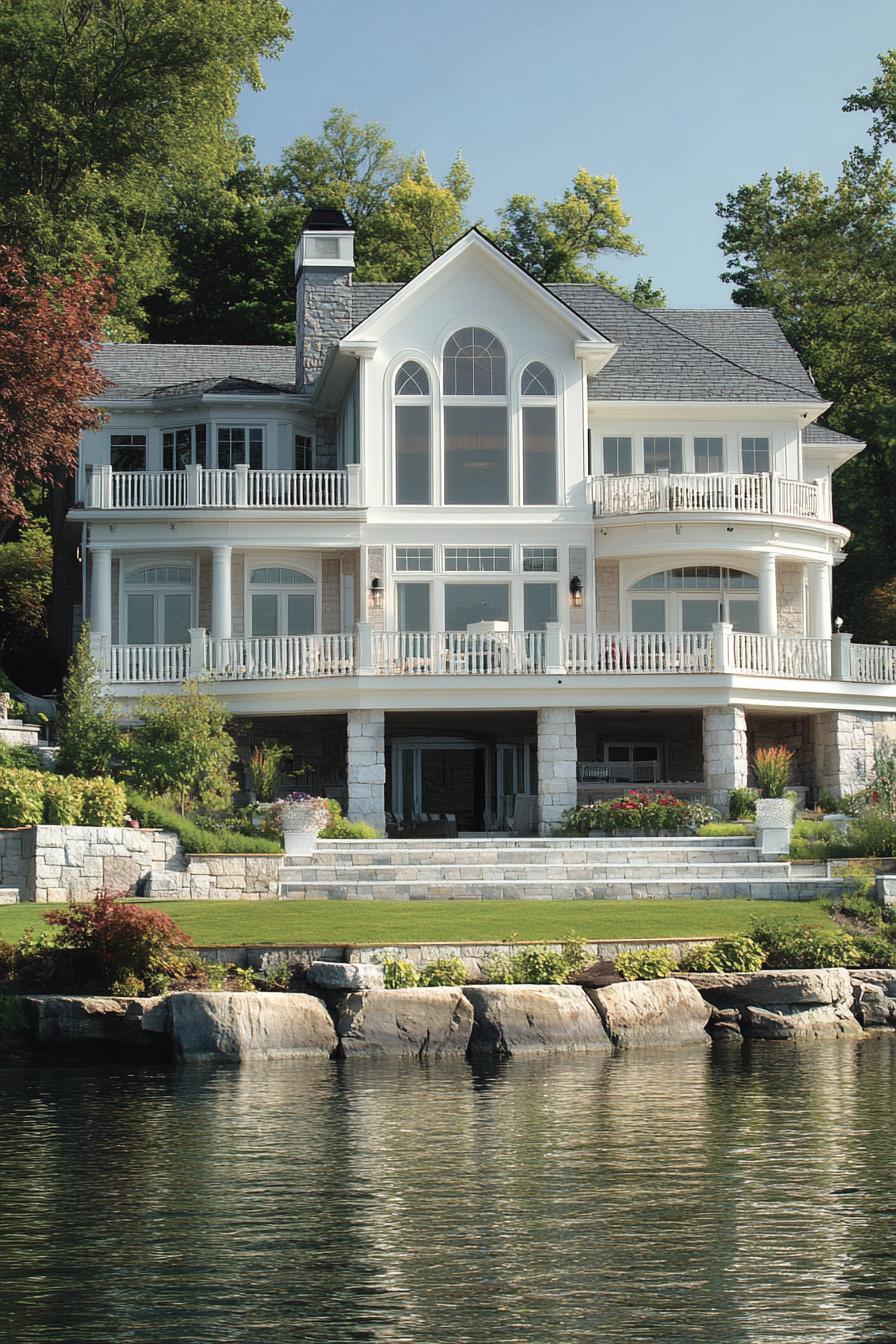 Luxury lakefront home with grand pillars and balconies