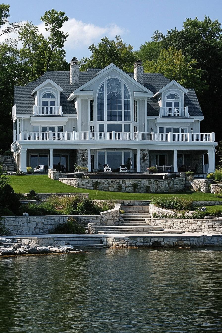 Luxurious lakeside home with large windows and stone accents