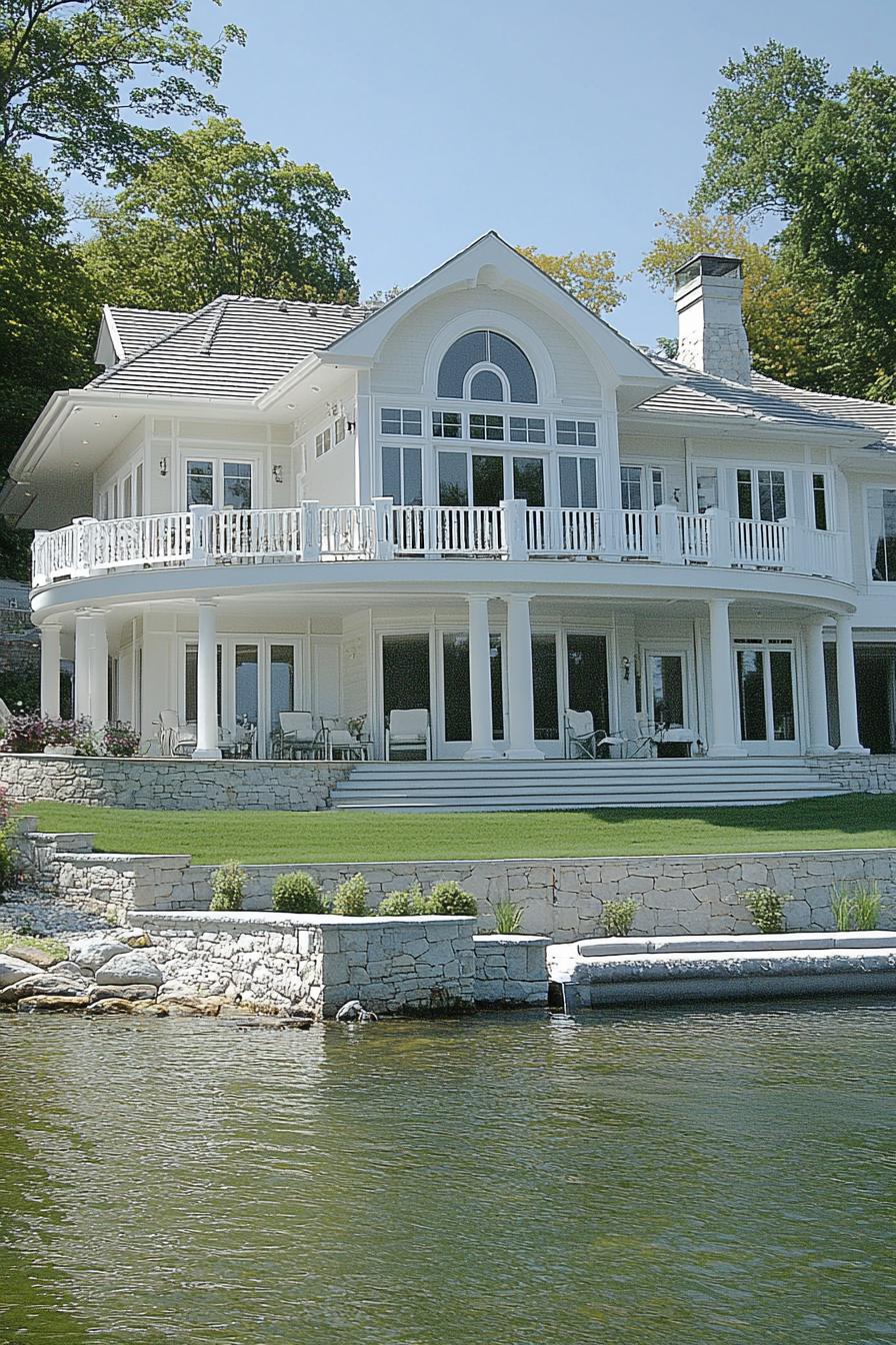 Luxury lakeside home with expansive windows and white pillars