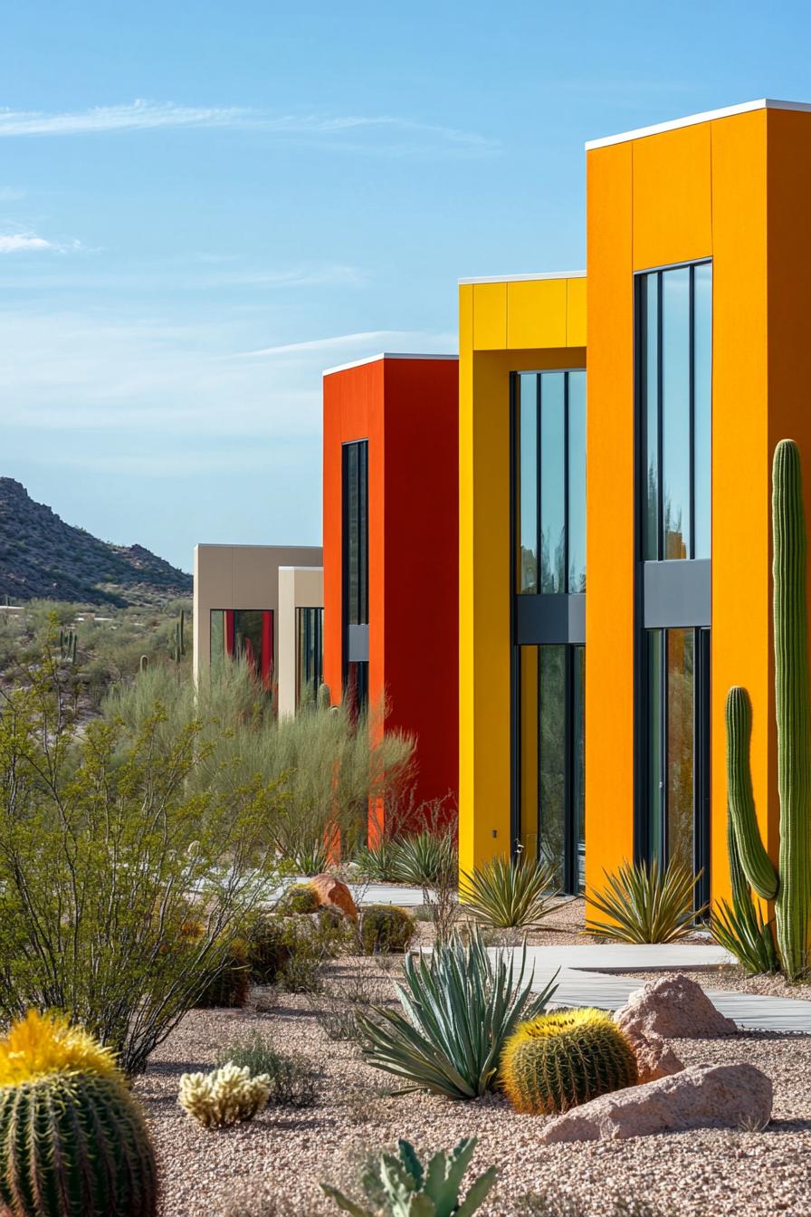 Brightly colored modern house exteriors in desert landscape