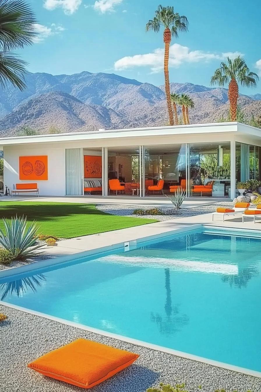 Mid-century modern house with a pool and mountain backdrop