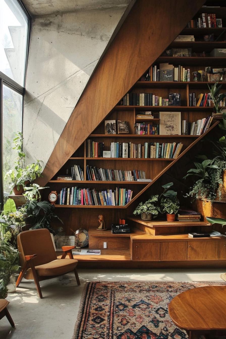 Warm living room with wood shelves and lush plants