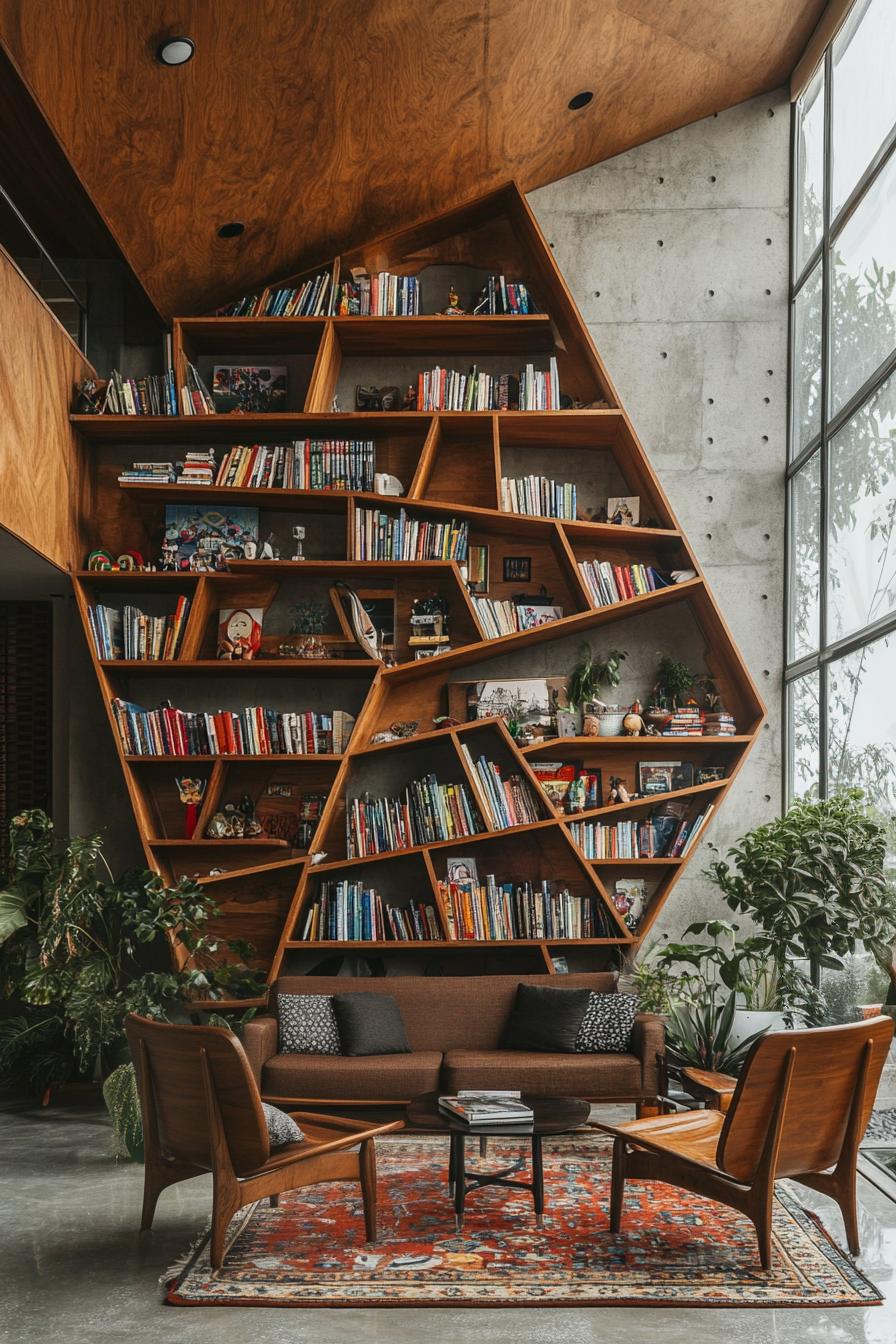 Mid-century modern living room with unique bookshelf and cozy seating