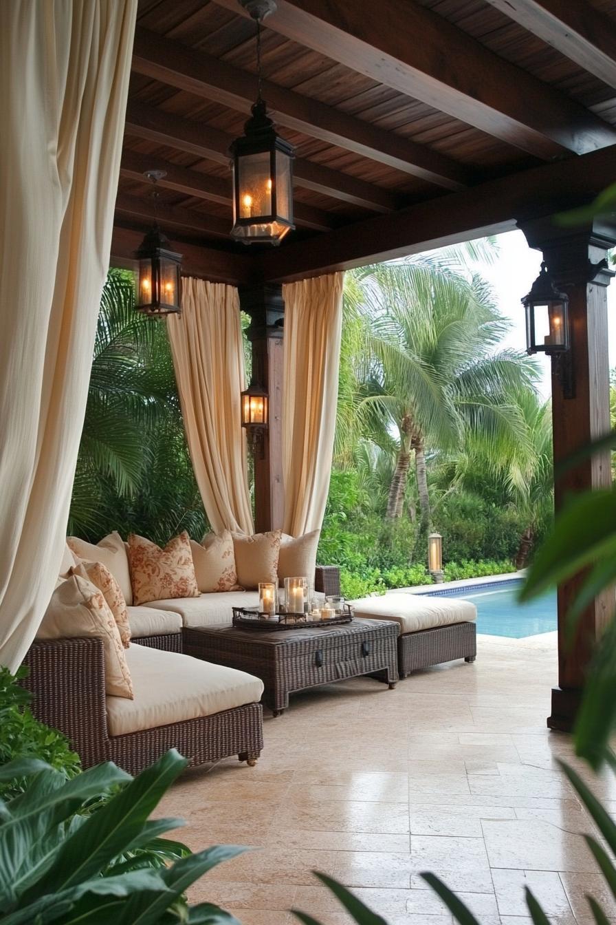 Cozy outdoor seating area with elegant lanterns and draped curtains