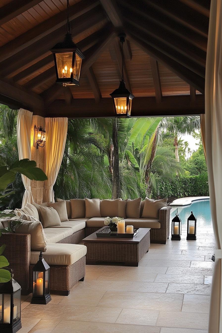 Outdoor living space with wicker furniture and lanterns by a pool