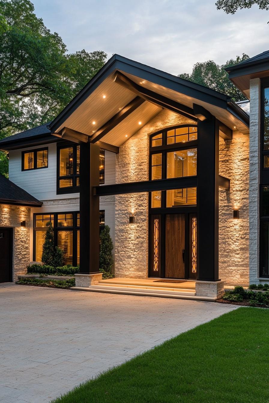 Modern house with stylish stone facade and warm lighting