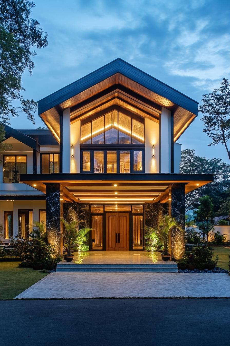 Modern house with grand entrance and dramatic lighting