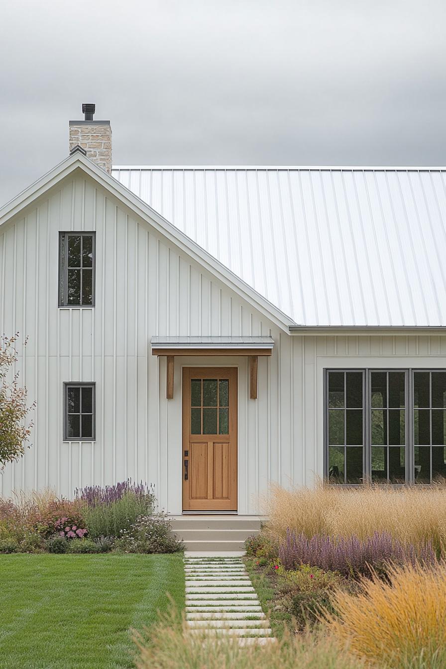 Front view of a modern long house with a metal roof and wooden door