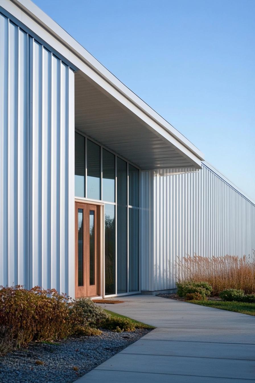 Modern long house with a white exterior and large windows