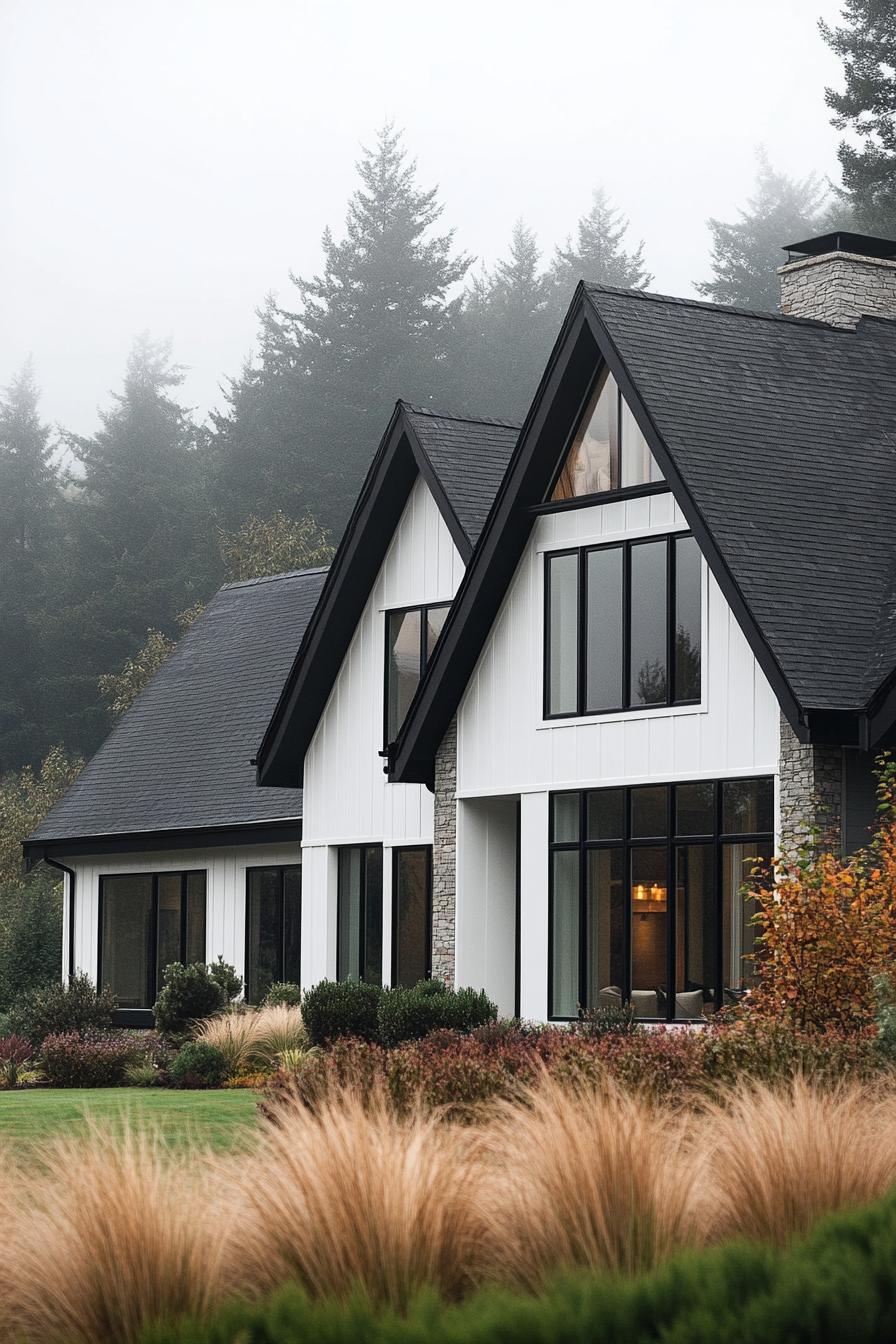 Modern Tudor house surrounded by lush greenery and misty trees