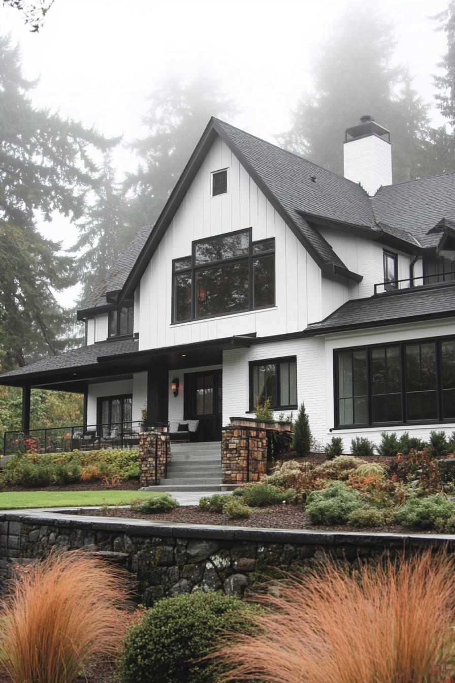 Modern Tudor house with black roof and large windows in a foggy setting