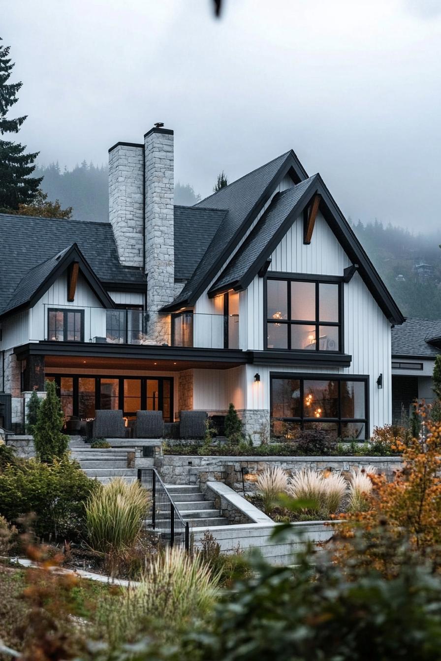 Modern Tudor house with a stone chimney and sleek glass windows