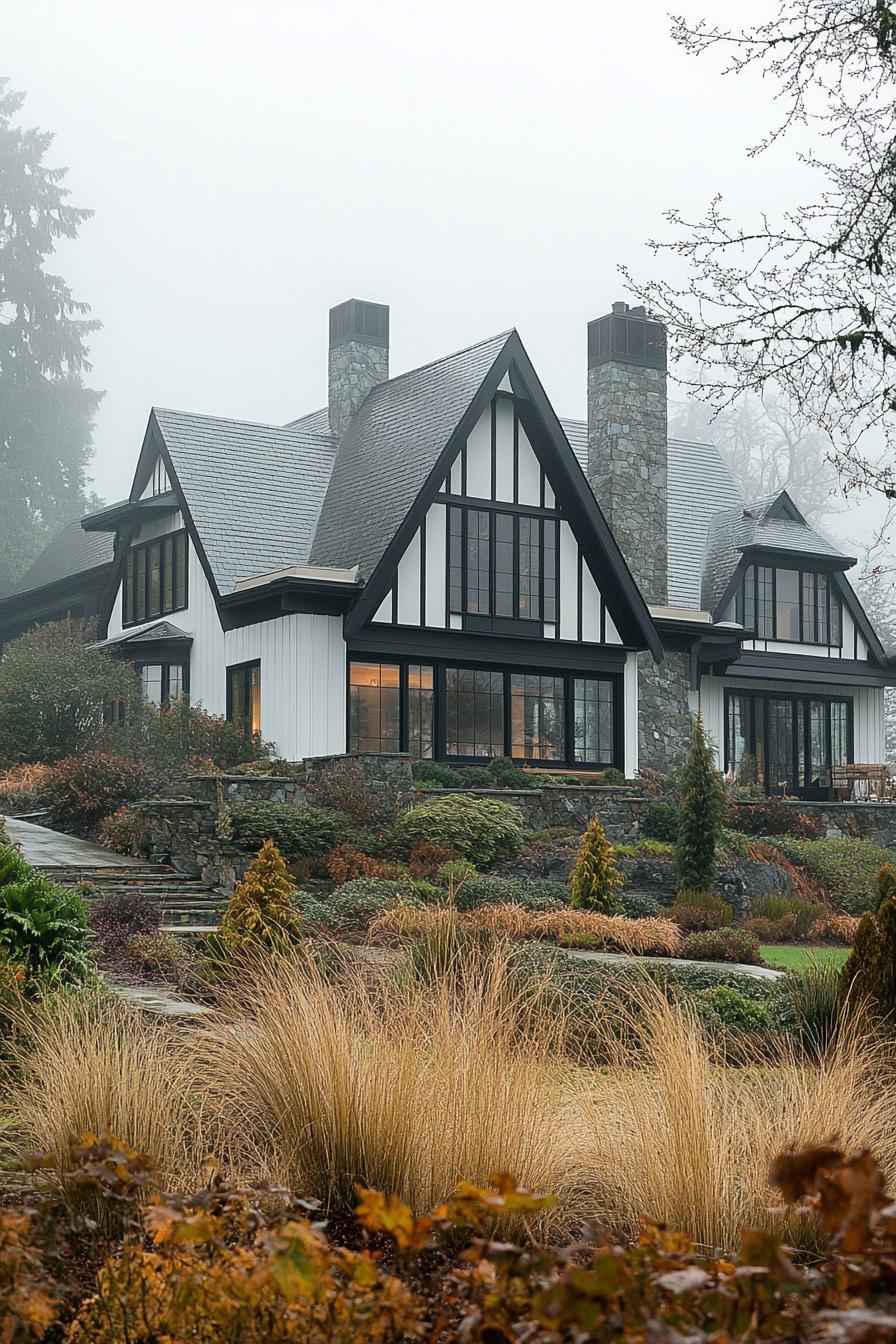 Modern Tudor house in a foggy, lush landscape