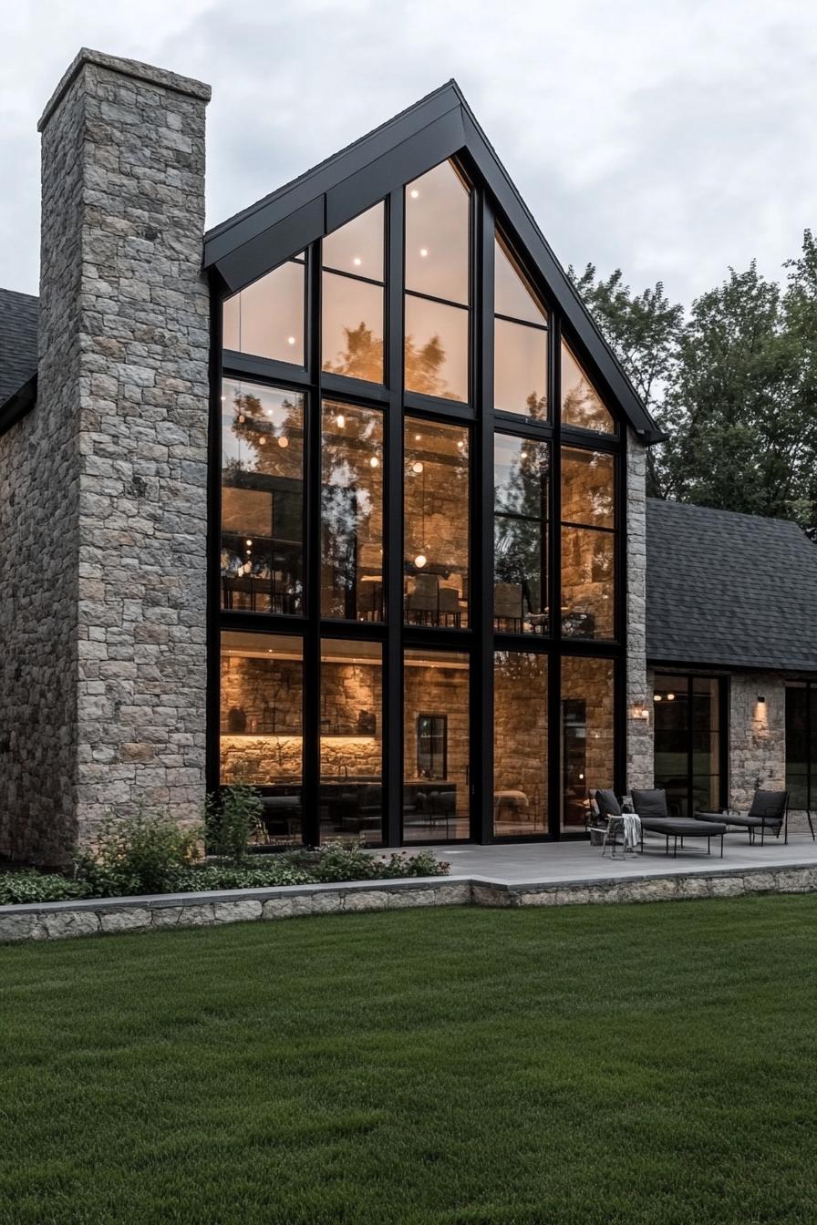 Modern stone barn with large glass windows and greenery around