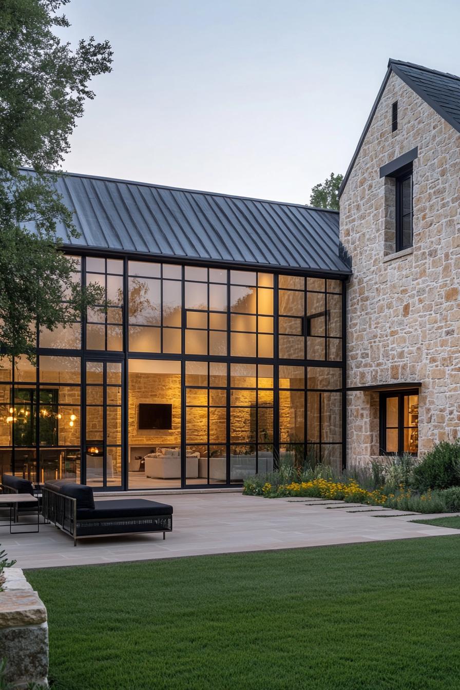 Modern stone barn with large windows and lush lawn