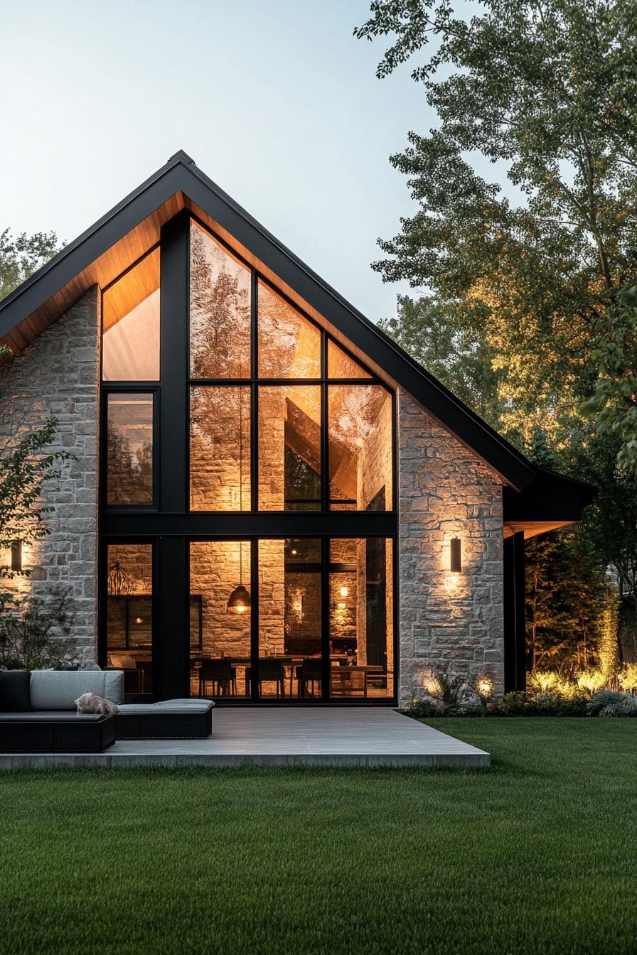 Modern stone barn with large windows and lush lawn