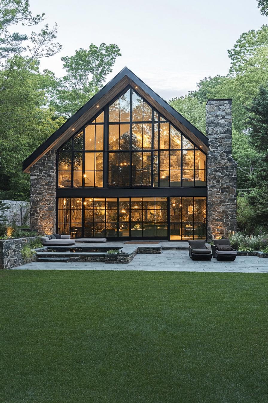 Modern stone barn with large glass front