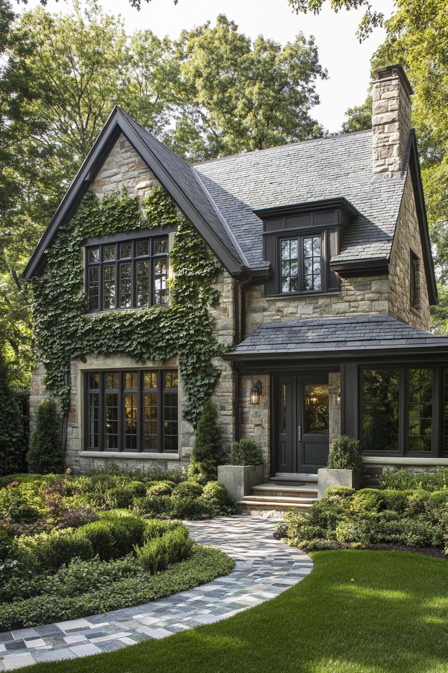 Leafy stone house with gabled roof and green garden