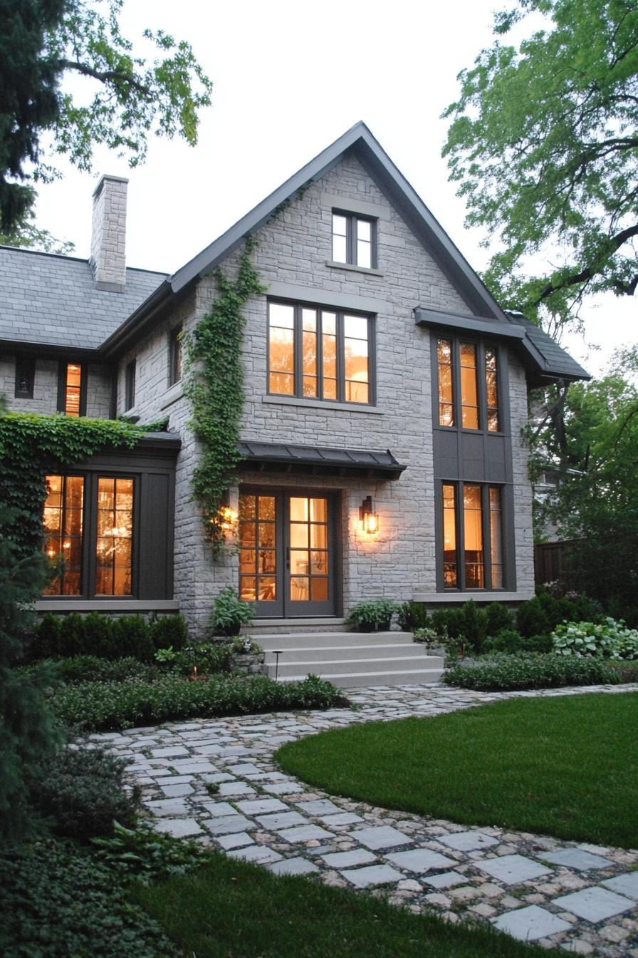 Charming stone house with glowing windows and ivy