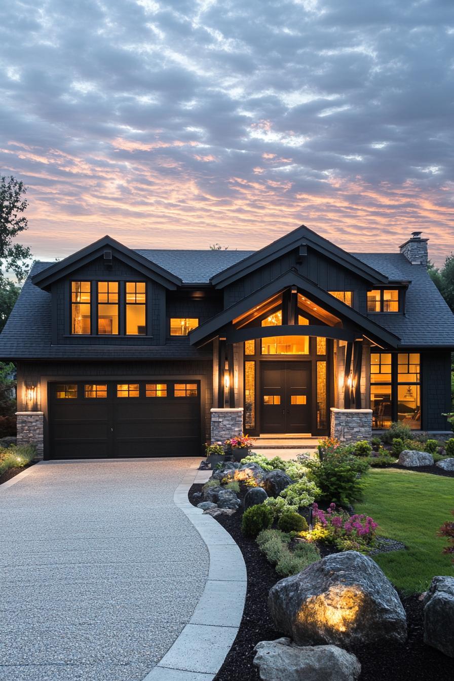 Elegant house with a stone facade and illuminated windows at dusk