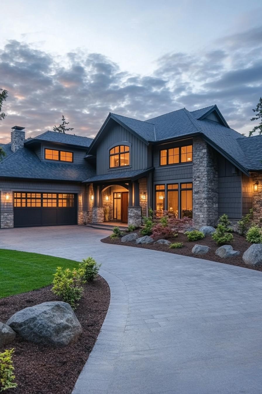 Elegant two-story house with stone accents at dusk