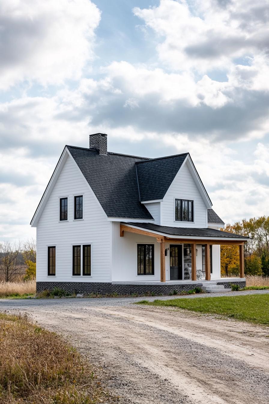 White farmhouse with black accents and porch